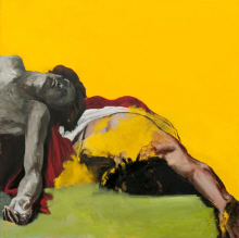 Martin Bruneau : "Fils et figure fond jaune" - 2014 - Huile sur toile 150 x 150 cm. - (c) Galerie Isabelle Gounod -M.B. 
