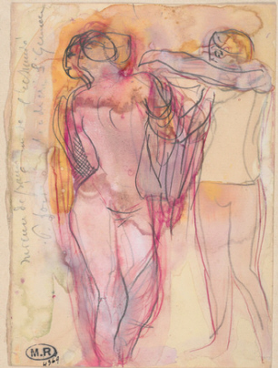 Auguste Rodin :  " Deux femmes : l'une aidant l'autre passant un vtement "  vers 1890 -  Crayon, encre, aquarelle et gouache  17,8 cm x 11,7 cm    Muse Rodin  ADAGP