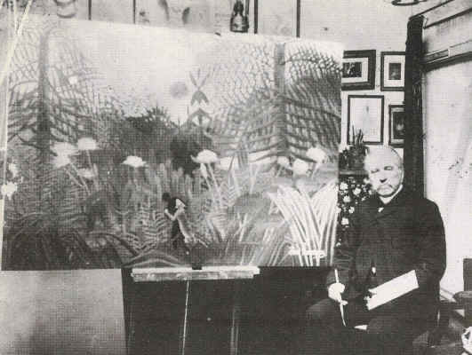 Henri Rousseau dans son atelier Rue Perrel à Paris - devant son tableau " Forêt Vierge au soleil couchant " 1906  Harry Bloomfield  © Petit Palais  Genève