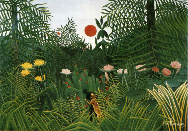 Henri Rousseau : " Ngre attaqu par un jaguar  - Fort vierge au soleil couchant "  - Huile sur toile : 114 x 162,5 cm -  Kunstmuseum - Ble  