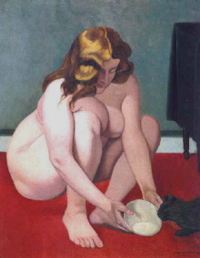 Felix Vallotton :  " Femme offrant du lait au chat " 1919  - (c)  Galerie Vallotton - Lausanne